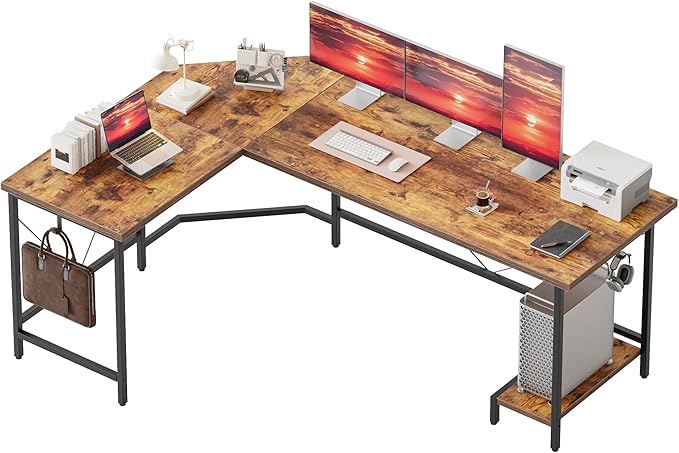 Mericonia 59 inch Large L Shaped Desk, Simple Corner Gaming Desk with CPU Stand & Hooks, Computer Desk for Home, Bedroom & Office Workspace, Rustic Brown