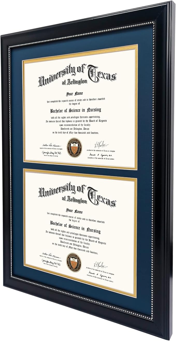 GraduationMall 14x20 Double Diploma Frame, Display 8.5x11 Certificate with Navy over Gold Mat,Tempered Glass,Black with Silver Beads