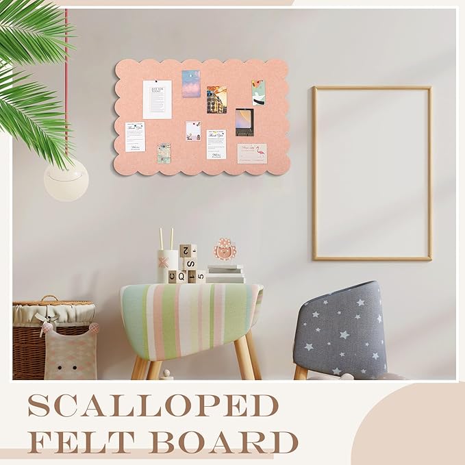 Scalloped Felt Bulletin Board 24 x 18 Inches Foldable Light Pink Pin Cork Board Alternative for Wall, 2' x 1.5' Trifold Picture Vision Self Adhesive Bulletin Decorative