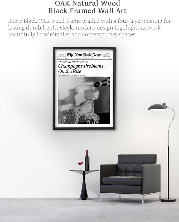 iHery Premium Natural Black OAK Wood 16x20in Champagne Problems On the Rise Newspaper Trendy Framed Wall Art, Vintage Funny Canvas Wall Decor For Girly Dorm Bedroom Living Room 1Pack