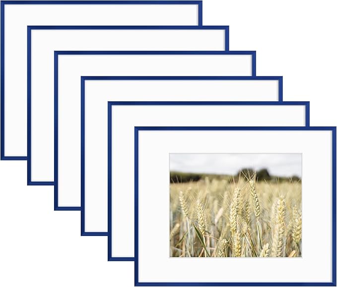 Golden State Art 11x14 Picture Frame 6 Pack - Navy Blue Aluminum Photo Frames With 8x10 Mats and Real Glass Cover - Elegant Minimalist Wall Gallery Frames for Home or Office Decor