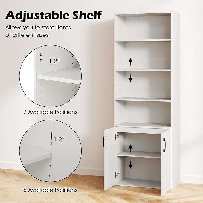 Giantex 70" Bookcase with 2 Doors, 6-Tier Modern Bookshelf w/Cabinet, Elegant Storage Cabinet, Adjustable Shelves, Multipurpose Display Rack, Storage Organizer for Living Room Bedroom Study (White)