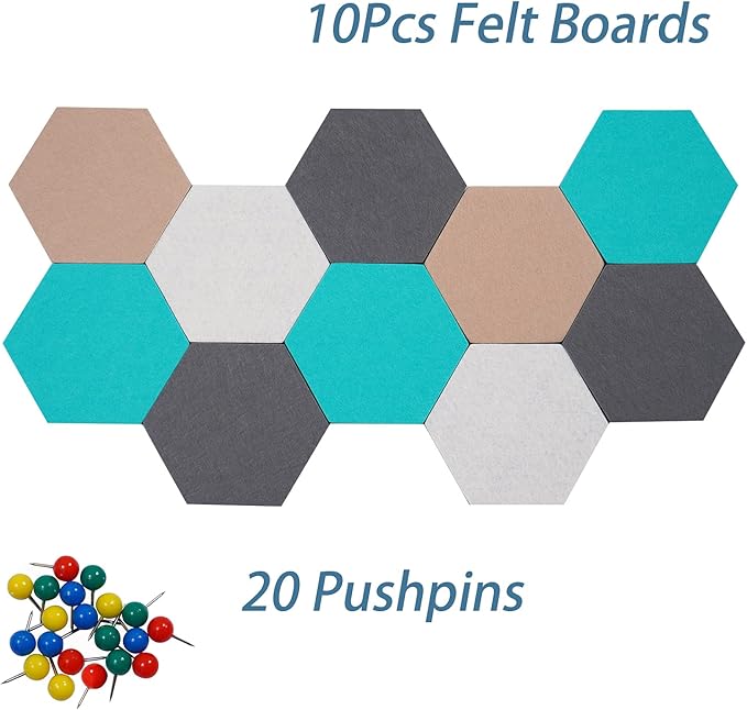 10Pcs Self Adhesive Felt Board Tiles Hexagon Bulletin Board for Walls, Felt Cork Pin Board for Pictures Photos Memos with Push Pins (Color D)