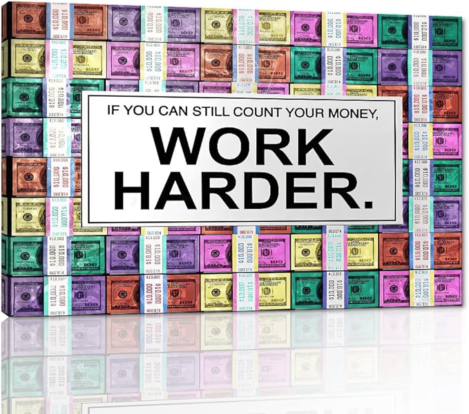Creative Colorful Money Canvas Wall Art Motivational Quote Work Harder Artwork Inspirational Framed Office Art Print for Gym Work Place Wall Hangings Gallery Wrapped Easy to Hang,44" Wx28 H