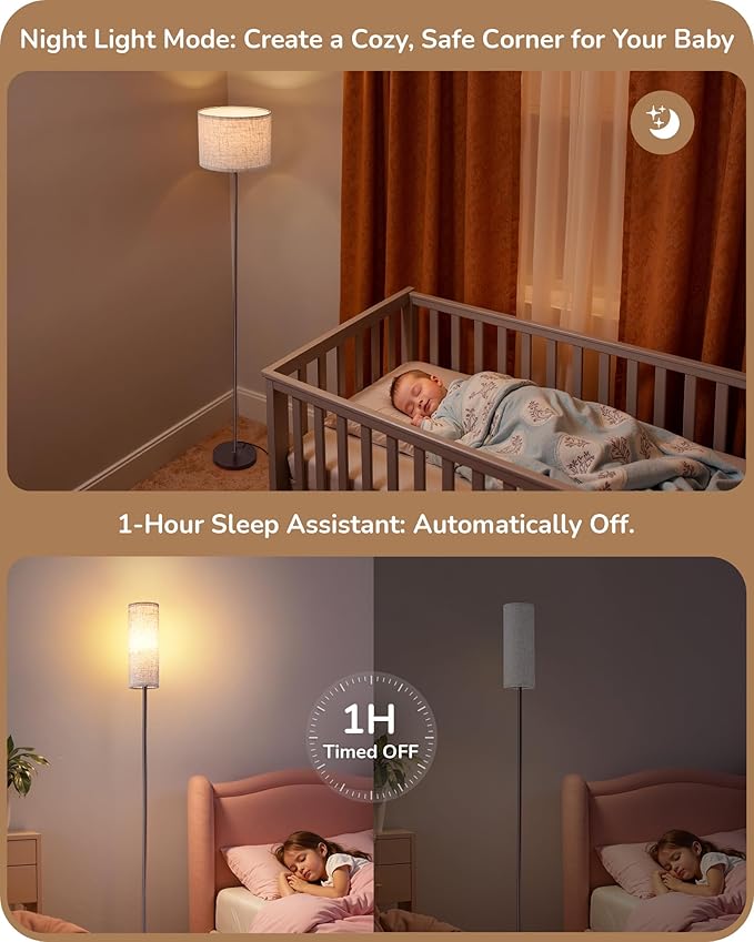 EDISHINE Minimalist Floor Lamp with 2 Shades, Adjustable Brightness & Color Temperature, Remote Control, Dimmable Modern Standing Lamp for Living Room, Bedroom, E26, A19 Bulb Included, Brown
