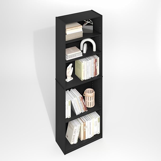 Furinno Jaya Simply Book Shelf, 5-Tier Bookshelf, Bookcase with Adjustable Shelves, 9.5 x 24.5 x 71.2, for Living Room, Bedroom, Home Office, Darkwood