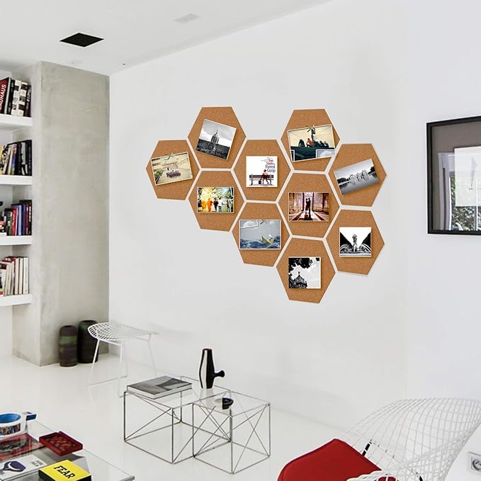 HBlife 10 Pack Hexagon Self-Adhesive Cork Board Tiles Mini Wall Bulletin Board with 50 Multi-Color Push Pins 12" x 10"