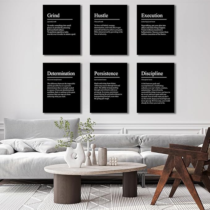 COSCTOR Set of 6 Grind Hustle Execution Discipline Determination Persistence Motivational Wall Art Picture Decor Canvas Framed for Office Garage Workplace Inspirational Posters Paintings Ready to Hang(Framed,12x16)
