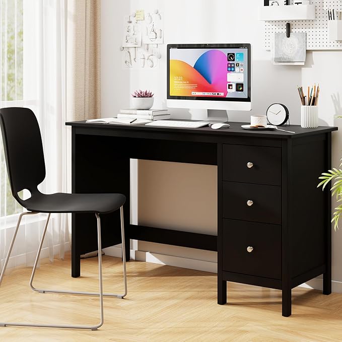 Tangkula Black Desk with Drawers, Modern Home Office Computer Desk with Storage Drawers & Spacious Desktop, Compact Writing Study Desk Laptop Desk for Bedroom, Multipurpose Computer Workstation
