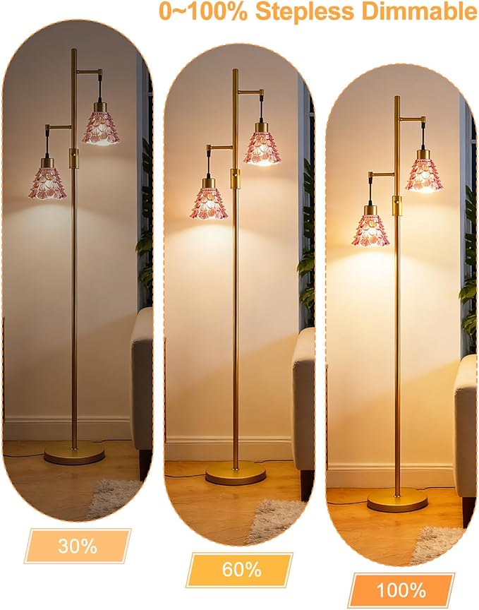 Lightdot 65IN Glass Floor Lamp for Living Room, 2- Light Gold Floor Lamps with Rose Red Glass Shade& 3000K Warm White Bulbs, Modern Standing Tall Lamp for Bedroom/Corner Beside/Home Decor