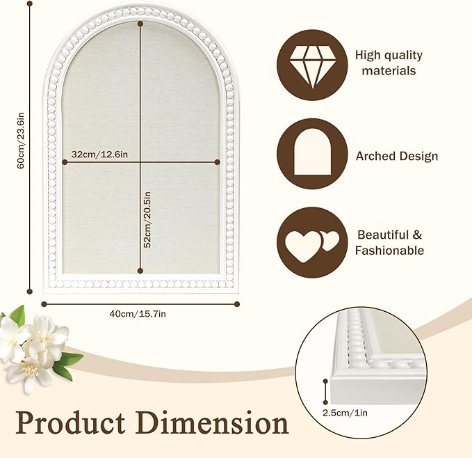 16" x 24" Linen Bulletin Board, Arched White Wood Frame with Beaded Trim, Decorative Pin Board Wall Organizer for Photos, Notes, Memo & Vision Board, 4060WH
