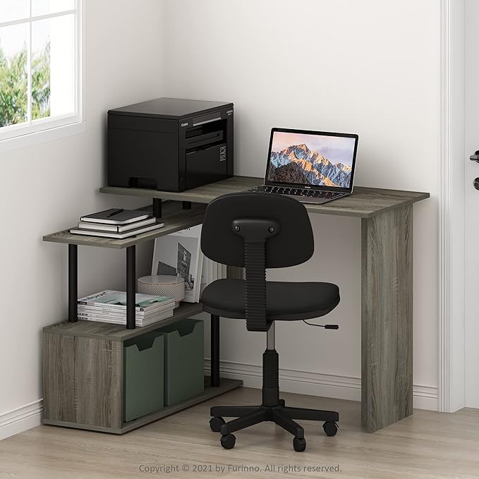 Furinno Moore L-Shape Computer Desk with 3-Tier Shelves, French Oak