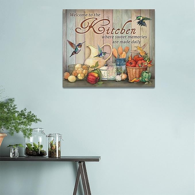 Farmhouse Kitchen Wall Art Country Hummingbird Kitchen Pictures Wall Decor Rustic Vegetables Food Canvas Painting Kitchen Signs Modern Artwork Home Kitchen Decorations Framed 24"x20"