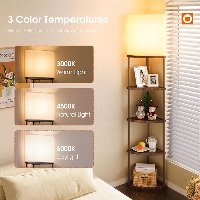 addlon Floor Lamp with Shelves, 5-Tier Adjustable Corner Lamp with 3 Color Temperatures & Linen Shade,Modern Floor Lamps for Living Room, Home Office & Bedroom (E26 LED Bulb Included, 800lm) - Brown