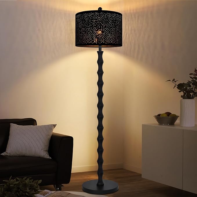 Gothic Black Floor Lamp for Living Room Bedroom,Vintage Standing Tall Lamp with Drum Lampshade,Farmhouse Unique Floor Lamps,Modern Mid Century Iron Floor Lamp for Office Corner(Bulb Included)