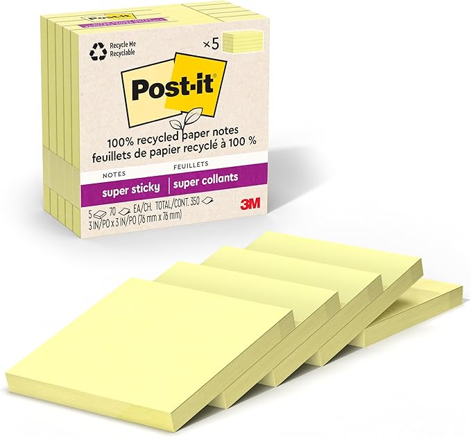 Post-it 100% Recycled Paper Super Sticky Notes, Canary Yellow, 3 in. x 3 in., 5 Sticky Note Pads, 70 Sheets per Pad, School Supplies and Office Products