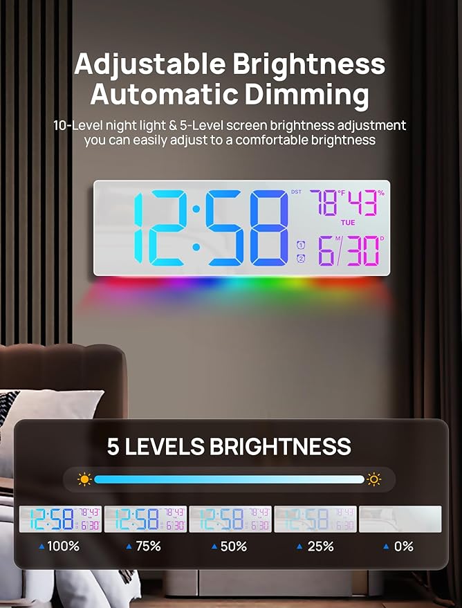 18.5" Large Digital Wall Clock with Remote Control, Big LED Display Digital Clocks with Night Light, Alarm, Countdown, DST, Temp, Date for Living Room, Bedroom, Office, Gifts for Seniors(White)