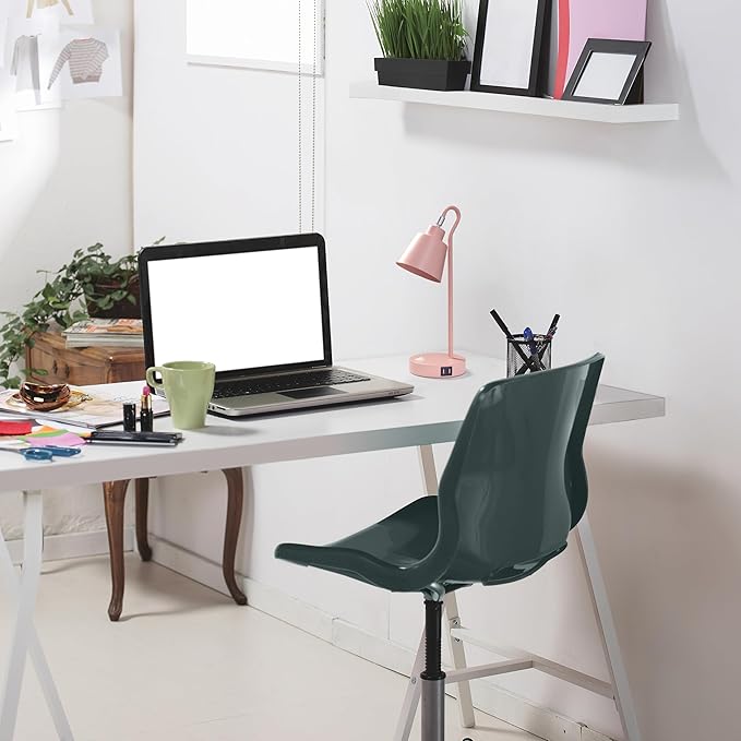 Simple Designs LD1073-BPK 16" Sleek Essentials Metal Looped Desk Task Lamp with Adjustable Shade and Dual USB Ports, for Office, Desk, Nightstand, Blush Pink