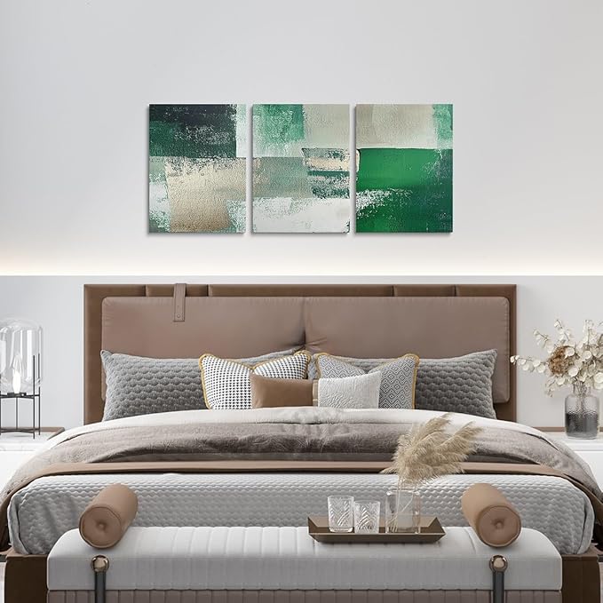 jejeloiu 12"x16"x3pcs Abstract Oil Painting Office Decorations Artwork Posters Abstract Art 3 Piece Canvas Wall Art for Living Room Bedroom Green Modern Picture Wall Decor