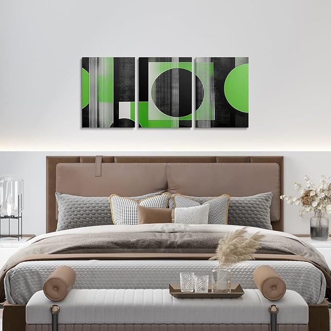 jejeloiu 12"x16"x3pcs Office Decorations Artwork Posters Modern Geometric 3 Piece Canvas Wall Art for Living Room Bedroom Green Abstract Art Picture Wall Decor
