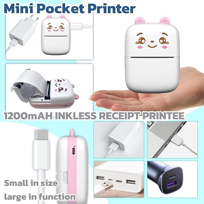 Sticker Printer with 10 PaperRolls ，Mini Portable Thermal Printing Pod， Ink-Free Bluetooth Label Maker Perfect Girls, DIY Crafts, Journals, Photos, Office & Home Use Printing Gift (Pink)