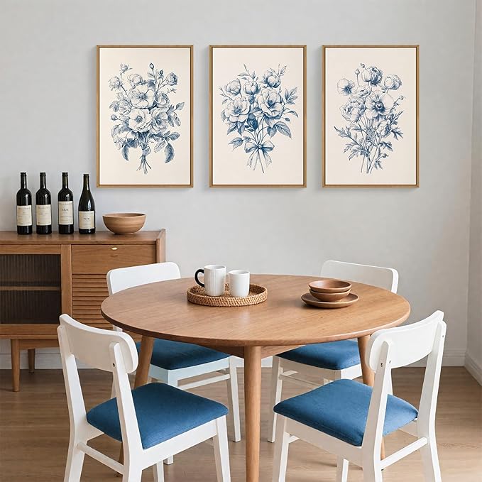 KAIRNE Blue Floral Wall Art Set of 3, Vintage Botanical Flower Framed Canvas Prints, Blue and White Chinoiserie Flower Artwork Decor for Living Room, Bedroom, Office - 16×24 inch