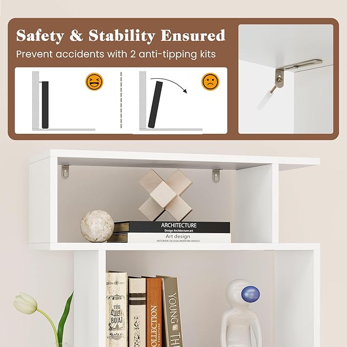 Giantex 6-Tier Geometric Bookshelf, S-Shaped Bookcase with 2 Anti-Tipping Kits, Wooden Display Shelf, Decorative Storage Shelving Unit, Home Storage Organizer for Office Living Room (1,White)