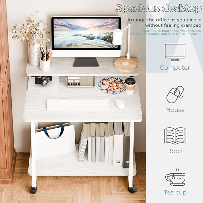 3 Tiers Rolling Computer Desk on Wheels, 80x50cm Small Computer Desk for Small Space, Work Office Desks with Monitor Stand, Student Writing Desks with Lockable Wheels (White)