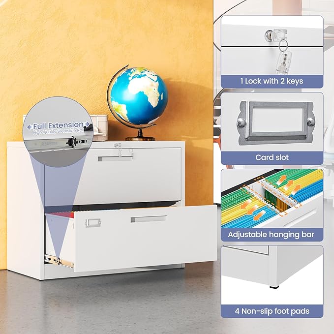 2 Drawer Locking Lateral File Cabinet, Wide&Deep White Metal Filing Cabinet for Letter/Legal/A4/F4 Files, Includes Card Holder and Hanging Folders for Home Office, School, Business