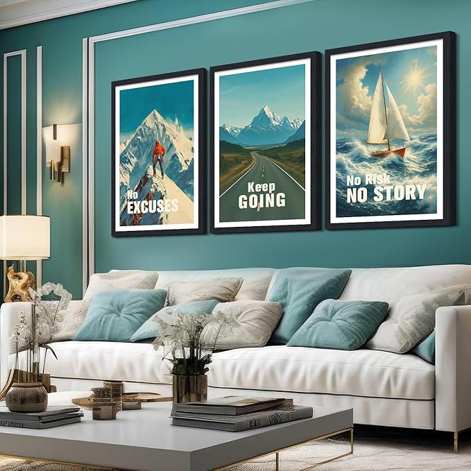 3 Piece Motivational Wall Decor - Framed Office Wall Art, No Excuses Keep Going No Risk No Story Inspirational Canvas Prints for Home Gym | Mountain Road & Sailboat Artwork | Ready to Hang 24"x36"x3