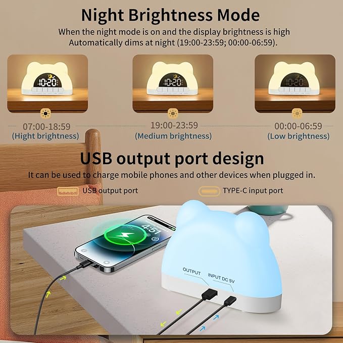 Alarm Clock for Kids, Wake Up Clock with Night Light, Sleep Training Clock for Toddlers,3 Brightness Levels, Dual Alarms, Sound Machine, Digital Clock for Bedroom, Birthday Gifts