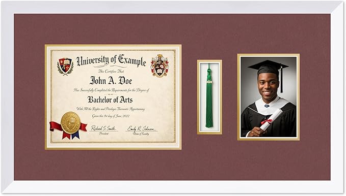 CountryArtHouse Diploma Tassel and Photo Shadowbox Fits 11 x 8.5 US Letter Certificate with Tassel Ho Bright White Genuine Hardwood with Dark Red Over Metallic Gold Double mat