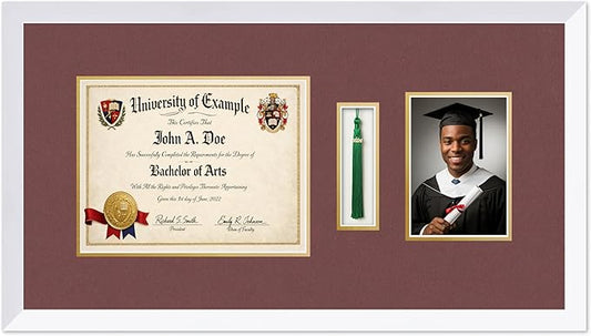 CountryArtHouse Diploma Tassel and Photo Shadowbox Fits 11 x 8.5 US Letter Certificate with Tassel Ho Bright White Genuine Hardwood with Dark Red Over Metallic Gold Double mat