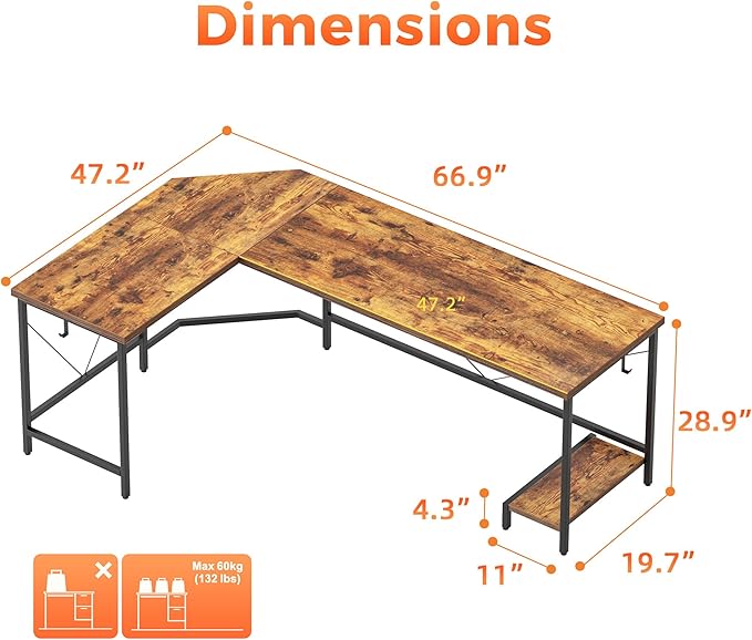 Mericonia 66 inch Large L Shaped Desk, Simple Corner Gaming Desk with CPU Stand & Hooks, Computer Desk for Home, Bedroom & Office Workspace, Rustic Brown