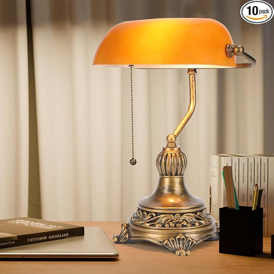 NISSAFORS Bankers Lamp with Pull Switch, Amber Glass Desk Lamp with Retro Black/Gold Finish, Vintage Table Lamps for Living Room, Library, Piano(Amber)