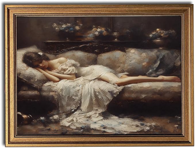 Gold Framed Wall Art Vintage Canvas Wall Art Tired Woman Moody Victorian Artwork Prints Picture for Living Room Bedroom Farmhouse Bathroom Office Decor, 12x16