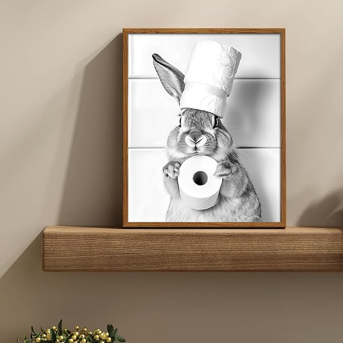 uniro Funny Bathroom Wall Art Prints, Black and White Cute Bunny Bathroom Picture Wall Decor, Cute Rabbit Animal Canvas Print Painting, Modern Bathroom Signs Wall Art Poster for Bathroom Decor (8"x10 - UNFRAMED)