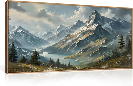 Ausril Nature Mountain Ridge Framed Canvas Wall Art Set, Woodland Landscape Wall Decor, Cloud Misty Forest Wall Painting, Boho Pine Tree River Art Print for Living Room, Bedroom, Office - 20"X40"