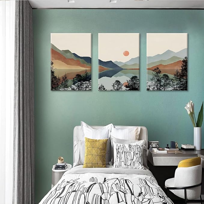 Bwodke Canvas Wall Art Framed Mountain Wall Art Set of 3 Boho Watercolor Nature Landscape Picture Decor Sun Forest Abstract Prints Artwork Painting for Living Room Bedroom Office 12"x16"