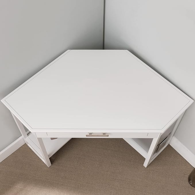 Leick Home Sage Corner Office Desk, Solid Wood, with Drop Front Keyboard Drawer, White, 85430