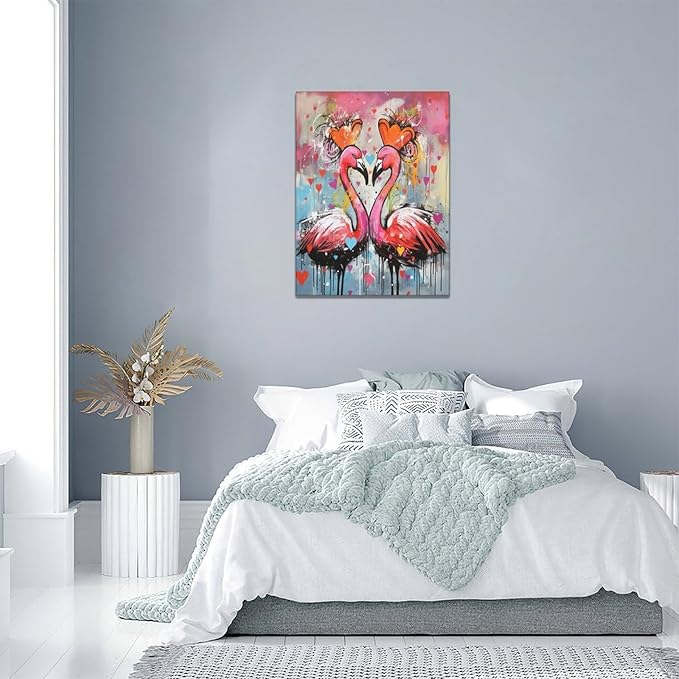 yerretin Flamingo Wall Art Banksy Graffiti Pictures Wall Decor Pink Canvas Painting Modern Home Decoration Artwork for Bathroom Bedroom Living Room Office Framed 12"x16"
