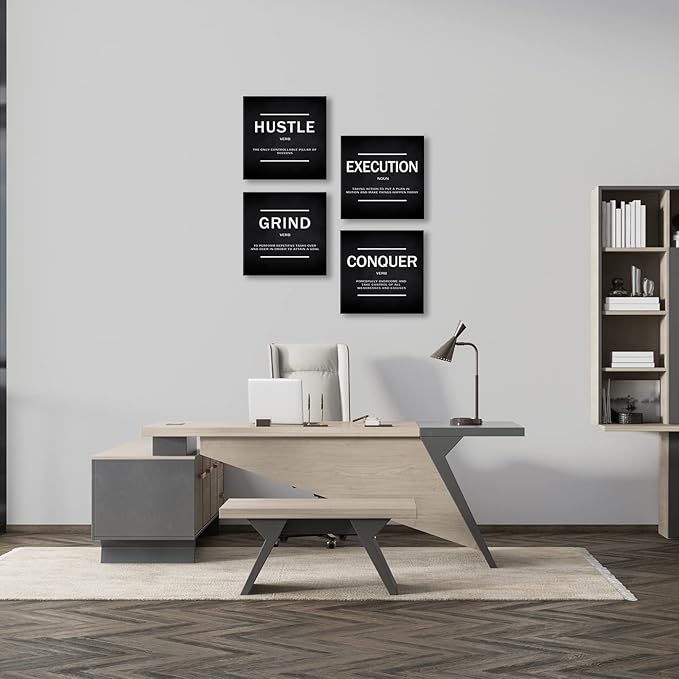 BWSPACE Grind Hustle Execution Conquer Entrepreneur Quotes Inspirational Wall Art Canvas Painting Decor for Office Bedroom Living Room(12" Wx12 Hx4pcs)
