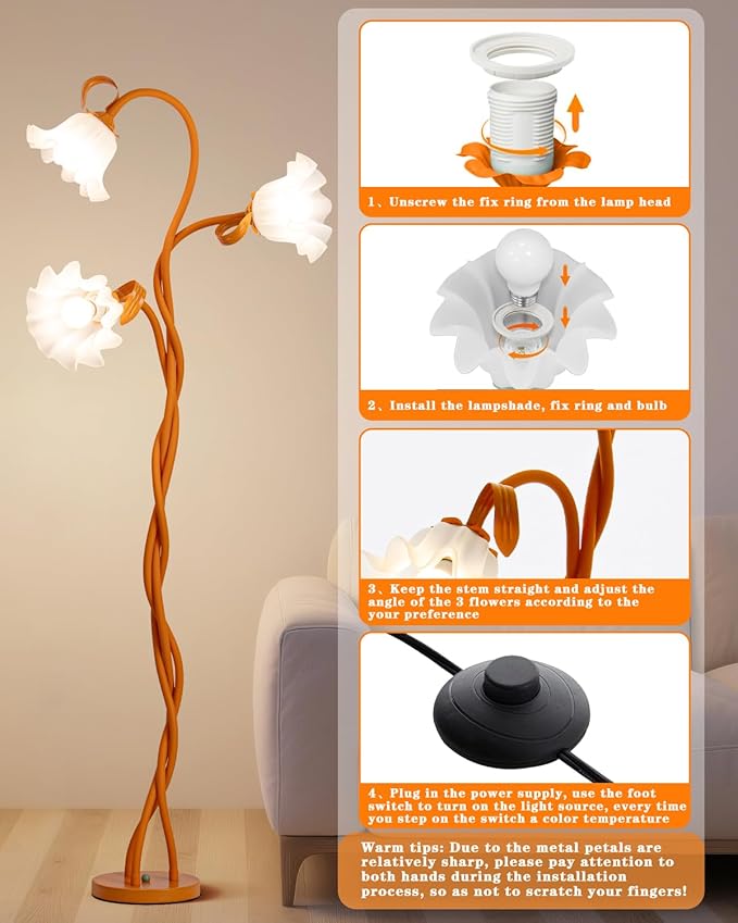 Flower Standing Lamp for Bedroom - 3 Color Temperatures Decorative Flower Tall Floor Reading Lamp with Flexible Neck for Bedroom Living Room Office Corner (Orange)