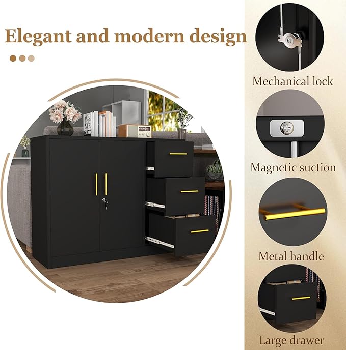 Lateral File Cabinet with 3 Drawers, Metal Storage Cabinet with Lock, Black Sideboard Buffet, Multi-Functional Accent Cabinets for Home Office Living Room Entryway