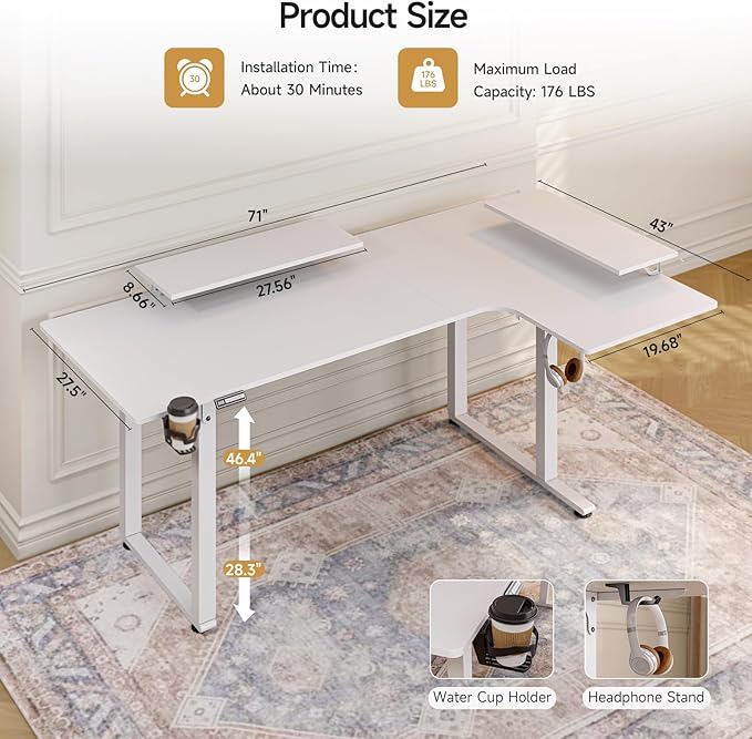 L Shaped Electric Standing Desk, 71x43'' Computer Desks with 2 Monitor Shelves, Dual Motor and Memory Controller, Gaming Corner Desk Adjustable Height from 28-46'' for Home Office Workstation, White