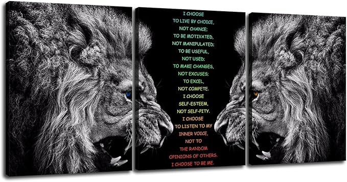 Inspirational 3 Pieces Lion Poster for Office Motivational Wall Art I Choose Canvas Prints Artwork for Living Room Modern Home Decor Painting Pictures Stretched and Framed Ready to Hang [36''Wx 16''H]