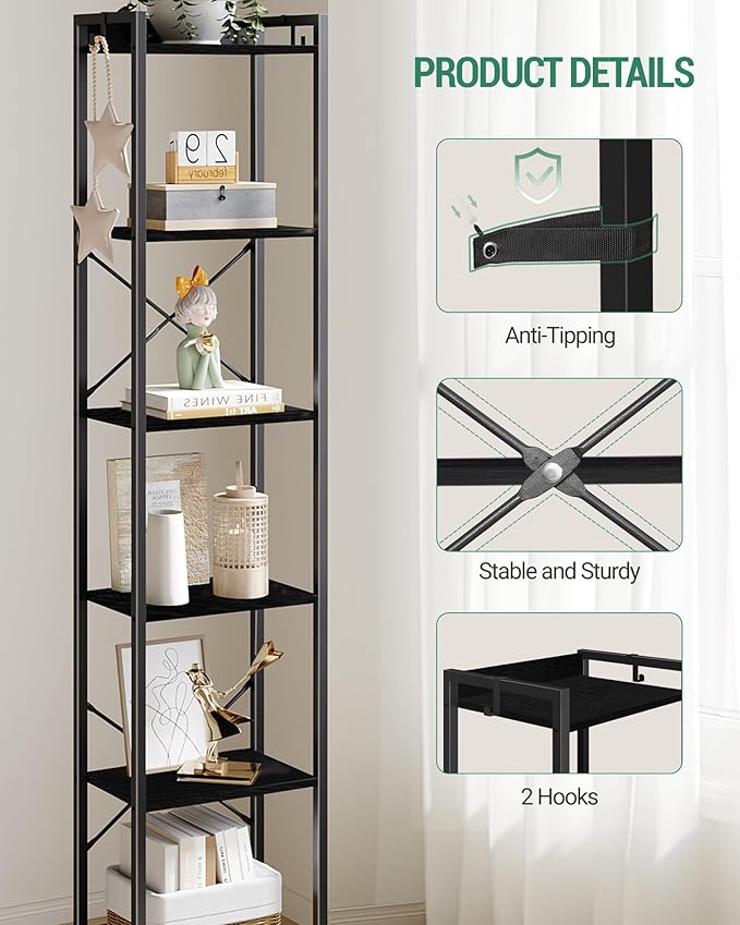 Bookshelf, Book Shelf, Industrial Bookcase with 2 Hooks, Coner Shelf Storage Organizer for Home Office, Living Room, Bedroom, Kitchen, 6-Tier Black BC10704B