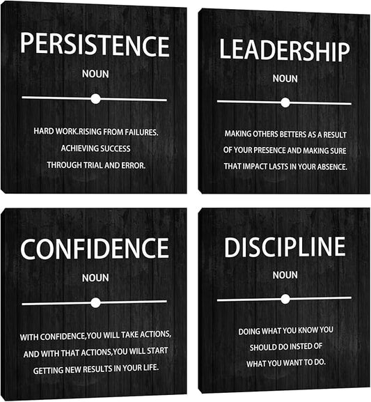 Halioyo 4 Pieces Inspirational Wall Art, Motivational Canvas Prints, Persistence Leadership Confidence Discipline Painting Poster for Living Room Bedroom Home Office Wall Decor, 16x16-inch