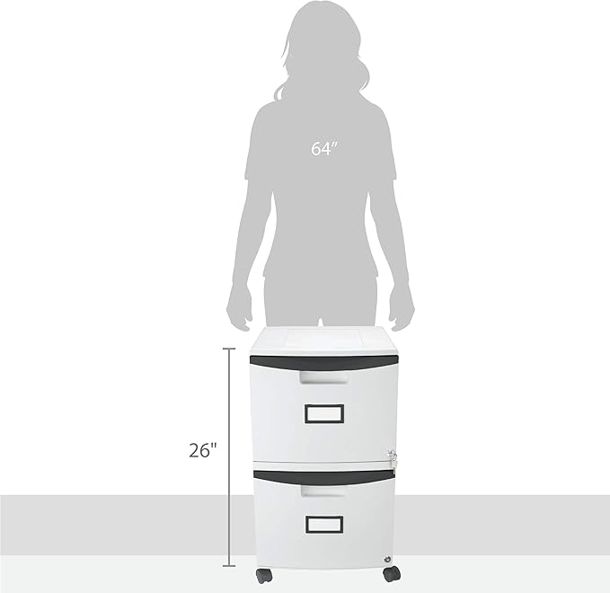 Storex Plastic Two-Drawer File Cabinet – Locking Document Organizer with Casters for Home and Office, Gray, 1-Pack (61311C01C)