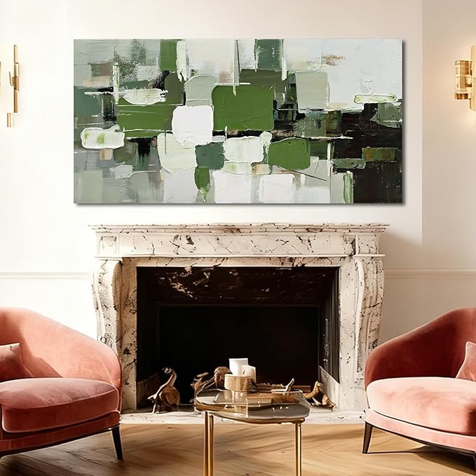 ZUNARE Abstract Geometric Wall Art Green White Black and Gray Canvas Painting, Layered Color Block Modern Artwork for Living Room Bedroom Kitchen Office Wall Decor 24"x48"